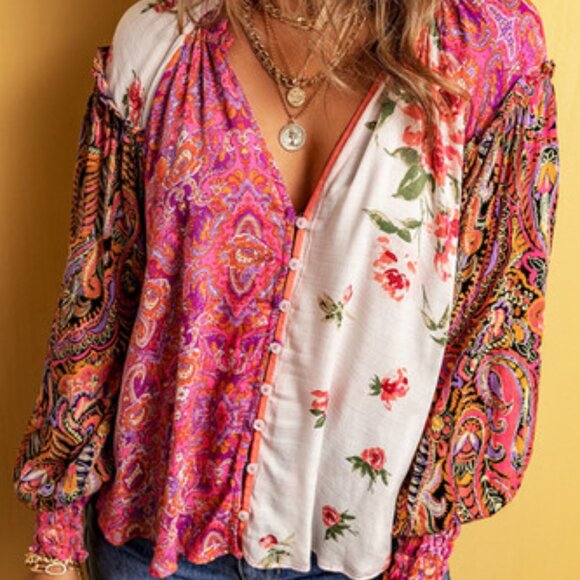 Free People Gemini Floral Paisley Mixed Patchwork Boho Blouse Button Oversize - Picture 3 of 15